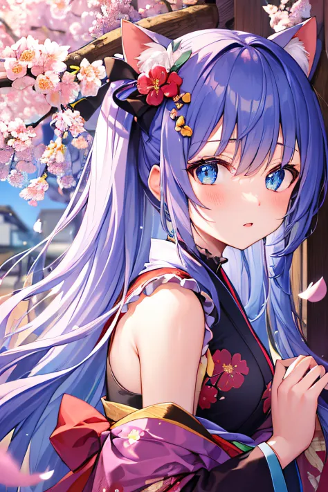 ​masterpiece、Top image quality、超A high resolution、miku hatsune、blue hairs、Twin-tailed、Blushing、Cute and shy、Kimono、kyoto、Japan、d...