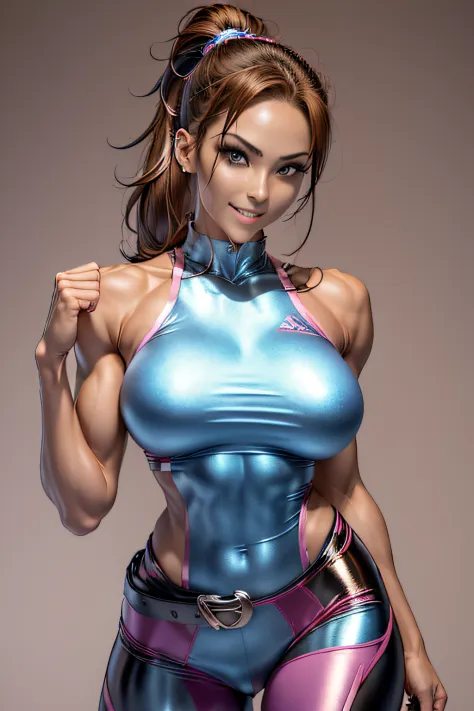 Arafe woman solo with ponytail hair、Fighting Game Fighter、Fitness Model、Wearing metallic pink battle uniform、slim and long legit...