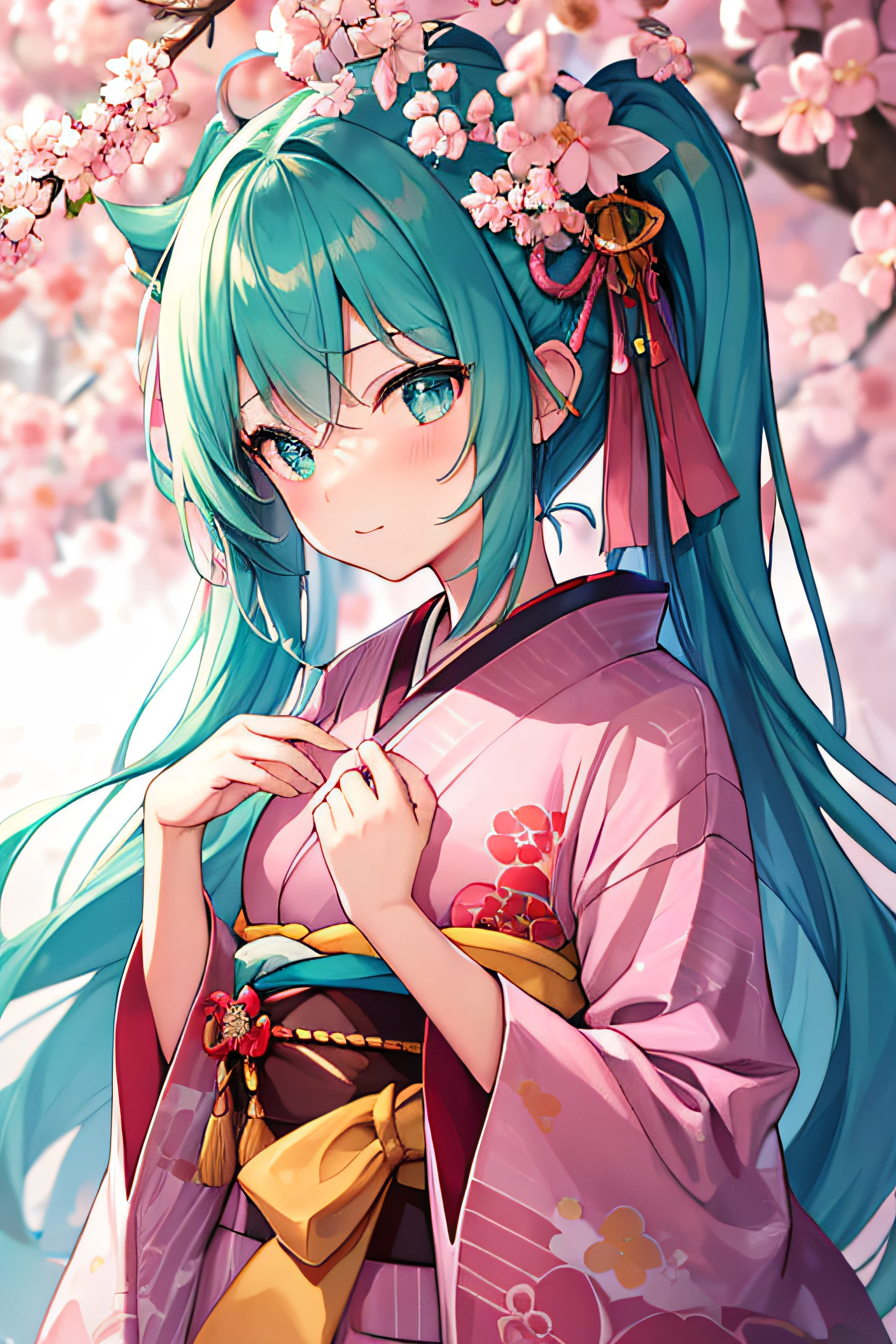 ​masterpiece、Top image quality、超A high resolution、miku hatsune、blue hairs、Twin-tailed、Blushing、Cute and shy、Kimono、kyoto、Japan、during daytime、cherryblossom、Lots of cherry blossom petals、Cherry Blossom Shower、spring