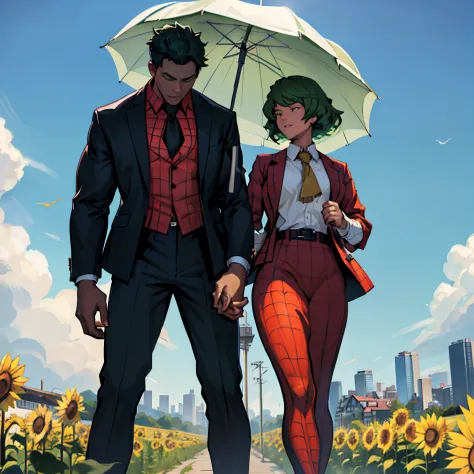 a green haired girl with an umbrella and a black boy with black knappy hair in a spiderman suit, together in a field of sunflowe...