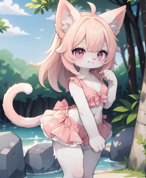 deformed anime style,dark fantasy background,
cowboy shot,knees up body,in beach,leaning forward,looking at viewer,grin,smile,
(furry female, furry cat girl:1.3),pink animal ears,pink eyes,(cat tail:1.3),hands,legs,
hime cut bangs,messy hair,light pink hai...