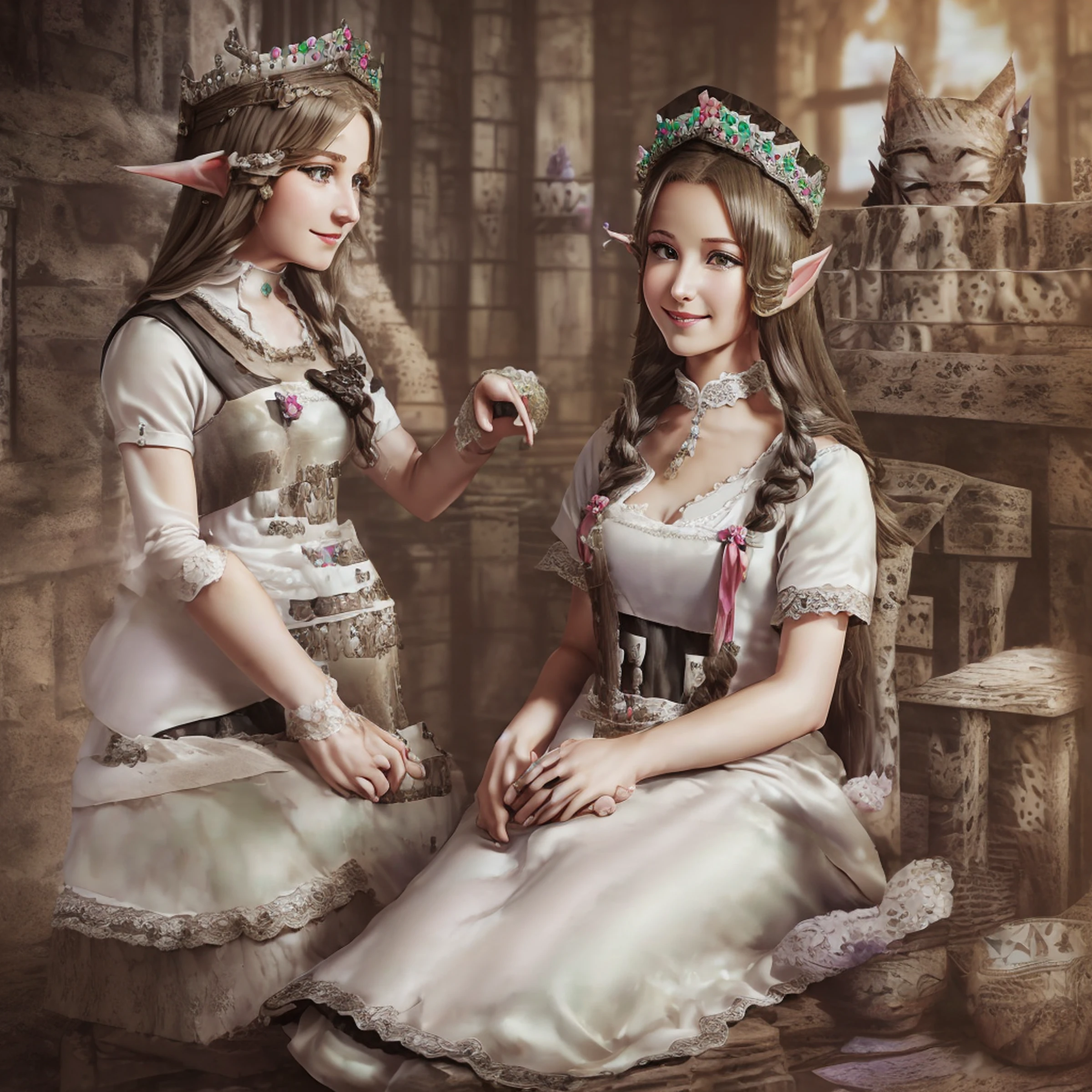 a beautiful women, (Elf Queen:1.4) sit on the throne,(neko maid clothes:1.8) , perfect face, full body, victorian era, noble dress, complicated decoration, spelling, talking, smiling, arms behind back, soft rim light, beautiful detailed sky, masterpiece, ultra high res, high quality, 4k, (photorealistic:1.2), photo,