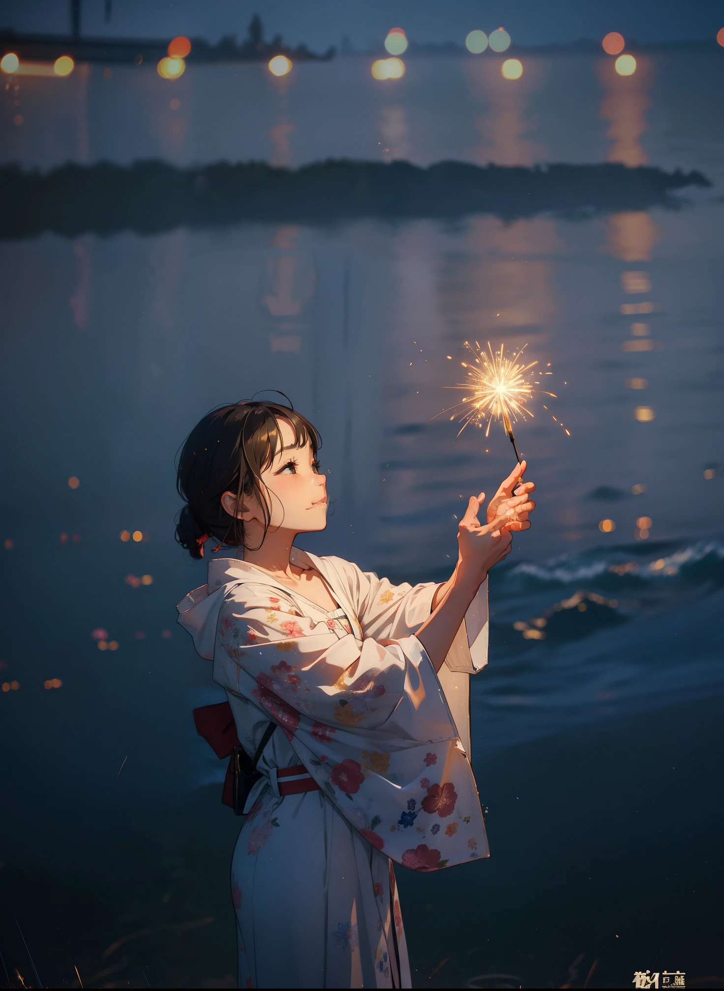 夜に水面の前で線香花火を持っている着物姿の女性 - SeaArt AI