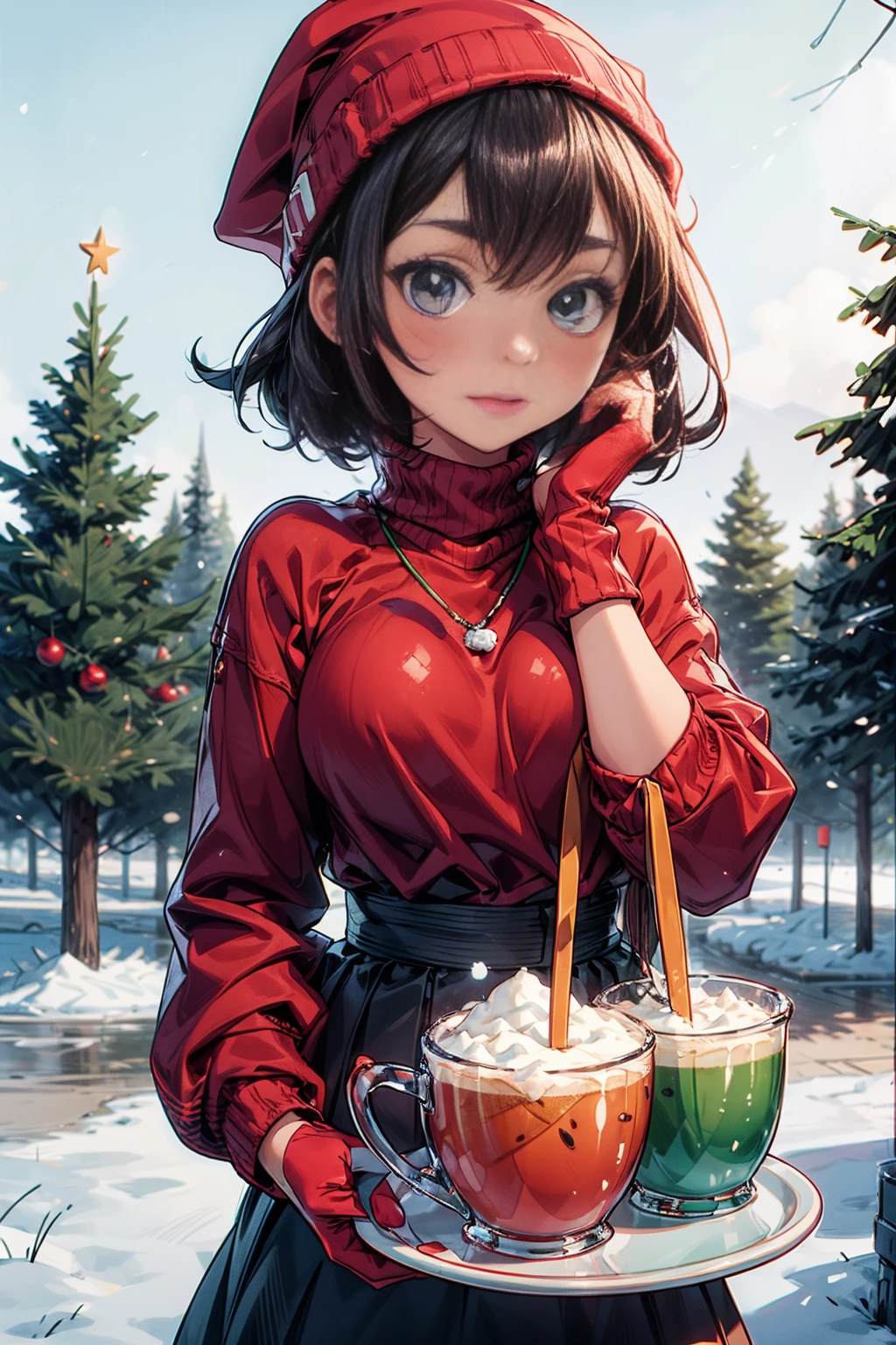 Minimalism, simplicity, graffiti, English magazine cover, (cartoon girl: 1.5), bust, playful expression, short hair, red Christmas beanie, red Christmas turtleneck, wearing red and green gloves, red, Snow, big English letters, hot coffee, Christmas tree, white background,