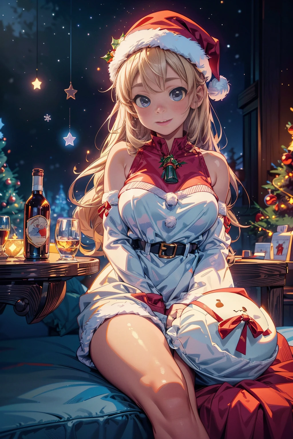 (Best quality, 8K, A high resolution, tmasterpiece:1.2), ultra - detailed, (actual, realistically:1.37), Vibrant colors, Magical atmosphere, Whimsical, ((sky full of stars，The North Star shines))，(((Use an illustration style), The room is decorated with a strong Christmas atmosphere. A string of shining colored lights hangs on the wall, Christmas wreath and little snowman on the windowsill, In the corner of the room stands a beautifully decorated Christmas tree. On a table, There are beautiful cutlery and red plates. In the center of the table, Have a sumptuous Christmas feast, Next to it is a bottle of red wine and two exquisite wine glasses. ((A boy wearing a cute Santa hat, A girl wearing a cute Santa Claus costume, They snuggle together)), Smiling and looking at each other，Eyes full of happiness and warmth. There are several scented candles lit in the room, It exudes a faint fragrance. Warm fire burning in the fireplace, Brings warmth and comfort to the entire room, Surreal, Psychedelic, Complicated details, Beautiful texture, Ethereal, like a dream, Soft glowing light, Charming Patterns, Fantasy creatures, Hidden surprises, dreamlike landscapes, Surreal color palette, Mystic aura, hyper realisitc, Enchanting journey, psychedelic trip, vivid imagination, immersive experience, Mysterious Christmas, otherworldly charm, glowing paths, Light up a magical Christmas, surreal sky, Whimsical themed festivals, a magical encounter, Fascinating artwork，(Ghibli-style colors, first person perspective, hyper HD, tmasterpiece, acurate, Anatomically correct, ctextured skin, super detailing, high detal, high qulity, Award-Awarded, Best quality at best, 8K)