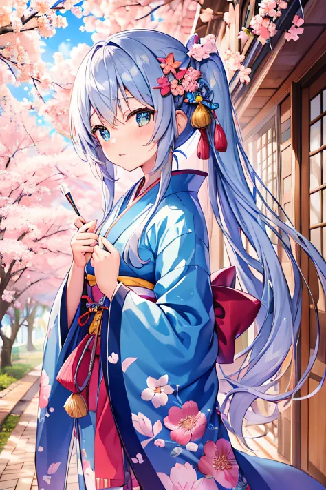 ​masterpiece、Top image quality、超A high resolution、miku hatsune、blue hairs、Twin-tailed、Blushing、Cute and shy、Kimono、kyoto、Japan、during daytime、cherryblossom、Lots of cherry blossom petals、Cherry Blossom Shower、spring