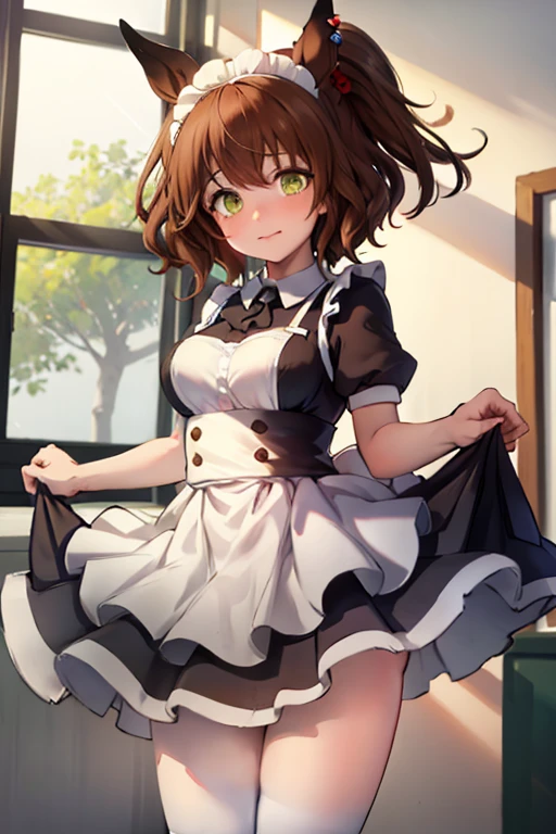 bottomless　Composition from the front　maid clothes　Lifting the skirt with both hands　lift your skirt so that your genitals are visible　Female genitalia are visible　Pussy spread　Not wearing pants　Semen overflowing from female genitalia　embarrassed look　Embarrassed expression