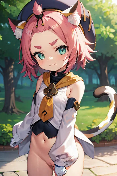 catgirl, bottomless, 10 years old, furrowed eyebrows, smirk, loli, outside, tail, detached sleeves, hat