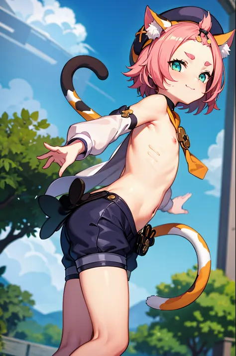 nude, catgirl, flat chest, 10 years old, smiling, shy, embarrassed, loli, outside, tail, detached sleeves, hat