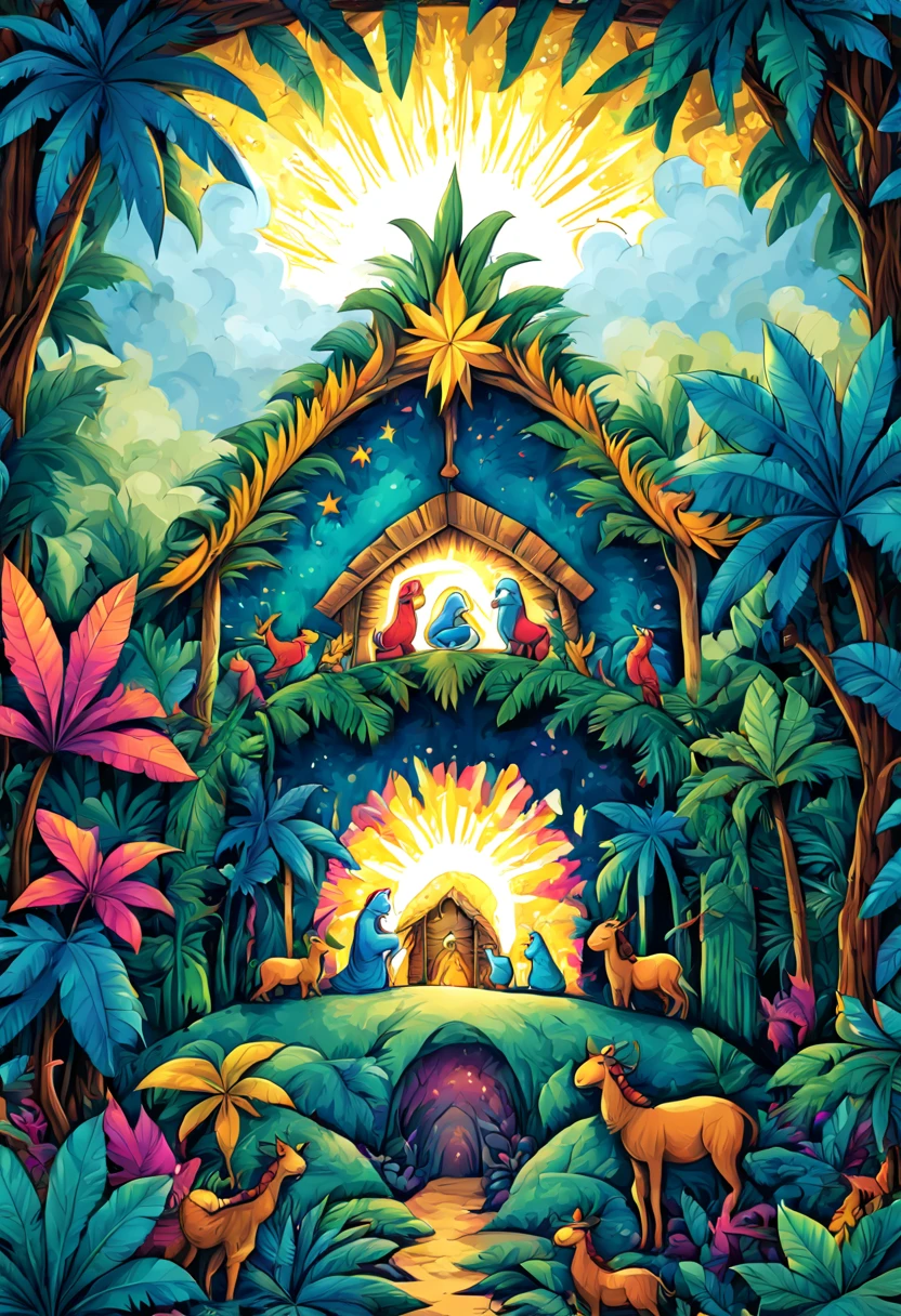 ink full color illustration, natural life in the jungle poster, nativity christmas scene ,fractal graffiti, 2d, pop art colors, edge pattern, seamless, art deco style design