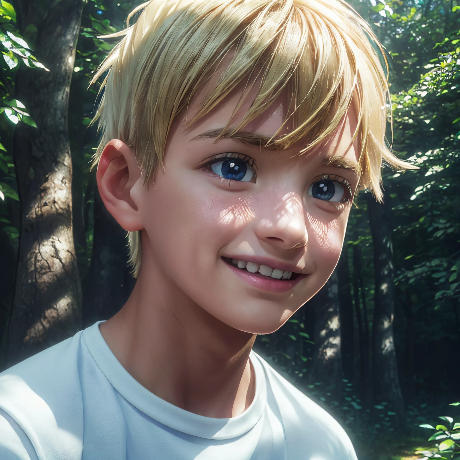 adventurous boy,blond child's drawing style,white shirt,denim shorts,forest landscape in the background,(best quality,4k,8k,highres,masterpiece:1.2),ultra-detailed,(realistic,photorealistic,photo-realistic:1.37),vibrant colors,portraits,detailed eyes,long eyelashes,cheerful smile,energetic pose,carefree expression,warm sunlight,playful atmosphere,bright and lively,joyful adventure,green foliage,tall trees,clear blue sky,scattered sunrays,dappled light and shade