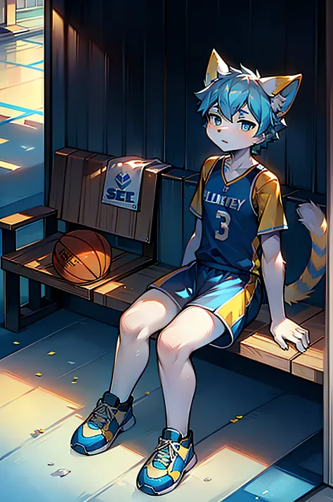 A blue, white and yellow cat，Have yellow-blue eyes.，Sitting on the sidelines wearing basketball uniforms
