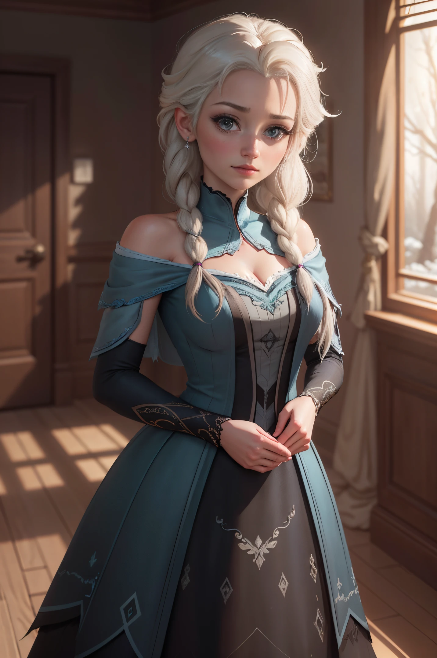 Highly detailed CG unity 8k wallpaper, style shot, complex, high detail, dramatic, highest quality movie still image, very detailed, masterpiece, best quality, character design, Elsa, Elsa from Frozen, (( Dark style)), realistic ultra-detailed rendering style, natural light, sharp character design, (hard focus, 8k), (((natural skin texture))), 8k textures, soft cinematic lighting, adobe lightroom, dark room, hdr, Sophisticated, Elegant, Rich Detail, Sharp Focuilm Look) )), Soothing Tones, Detail Frenzy, Intricate Detail, Super Detail, Low Contrast, Soft Film Lighting, Dull Colors, Exposure Blending, HDR, Fade, 35mm, f/1.4, ISO64, f16, 25 sec.