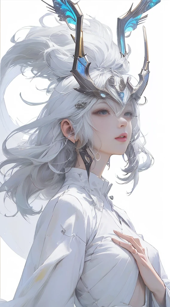 Best AI Image Generation Creator、1 beautiful girl、large round eyes、Solo、On the thighs、Realistic,Lips,masutepiece,Best Quality,Good anatomy，Skin Texture、Planets in the background、Smaller chest、white  hair、robe blanche、Fantasy Art Style, palatial palace 、 Azure. detailed hairs, beautiful fantasy art portrait, 4K highly detailed digital art, beautiful fantasy queen, The artwork, ((beautiful fantasy queen)), 8k high quality detailed art, Beautiful Anime Portrait、Fractal Art、Interdimensional space、side lights、Aiming for the planet