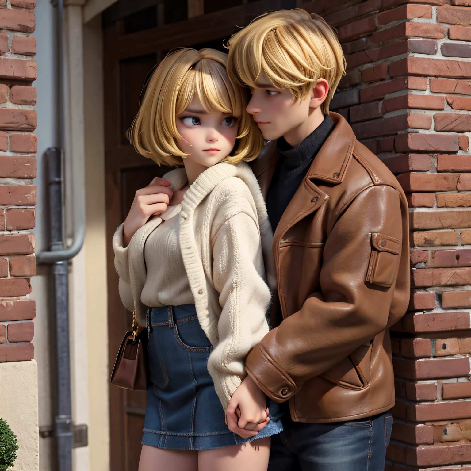 1girl with dark brown medium length hair hugging 1male with blonde short hair