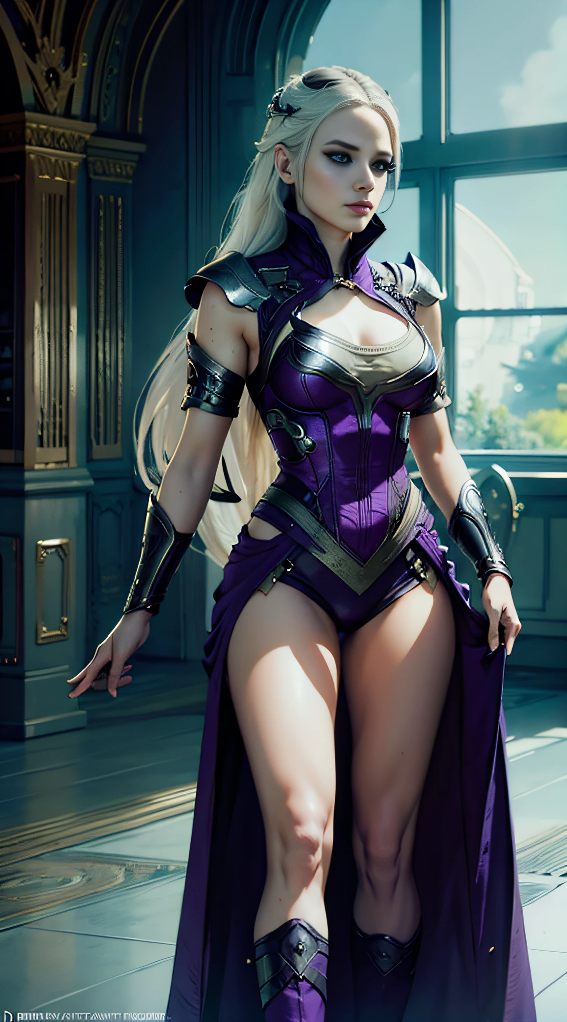 ((una mujer 3v4gr33n)) as Sindel from Mortal Kombat, largo, pelo blanco que fluye, ojos azules penetrantes, complexion pale, vistiendo un traje revelador majestuoso y adornado de color púrpura, con elementos de realeza y batalla, su atuendo presenta telas fluidas, Intrincado patterns, acentos metálicos, medias, tacones altos, Intrincado, Alto detalle, enfoque nítido, dramático, pintura fotorrealista de greg rutkowski