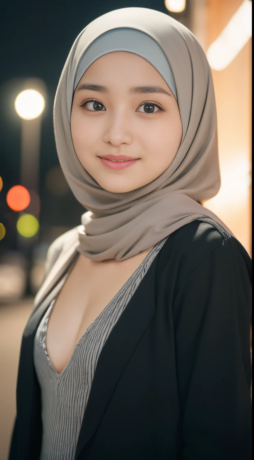 ((lebanese)), ((hijabi)), cleavage, masterpiece, best quality, 8k, 15yo, , raw photo, absurdres, award winning portrait, solo, night, neon, idol face, violaceaess, gardeniass, delicate girl, upper body, DSLR, looking at viewer, candid, sophisticated, youthful, smile, professional lighting, film grain, chromatic aberration, (detailed eyes and face:1.0), (bokeh:1.1)