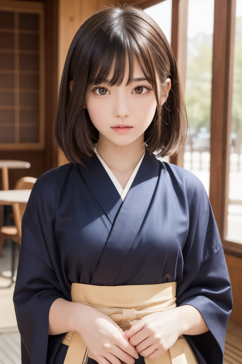 one girl, (a beauty girl, delicate girl:1.3), (14 years old:1.3),
break, (hakama, kimono, apron:1.3),
break, very fine eye definition, (symmetrical eyes:1.3),
break, (cafe:1.3),
break, small breasts, brown eyes, parted bangs, brown hair,  girl,
break, (eyes and faces with detailed:1.0),
break, (masterpiece, best quality, ultra detailed, detailed face, 8k)