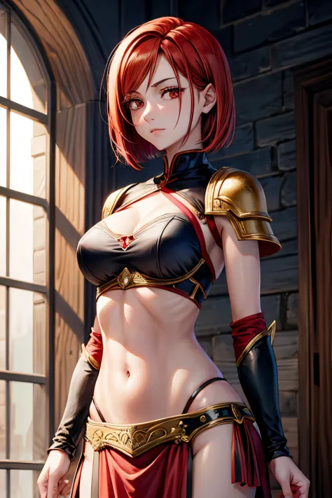 detailed, 1 girl, red eyes, red hair, navel, dark red fantasy armor, medium breast, looking at viewer, half body, short hair, in...