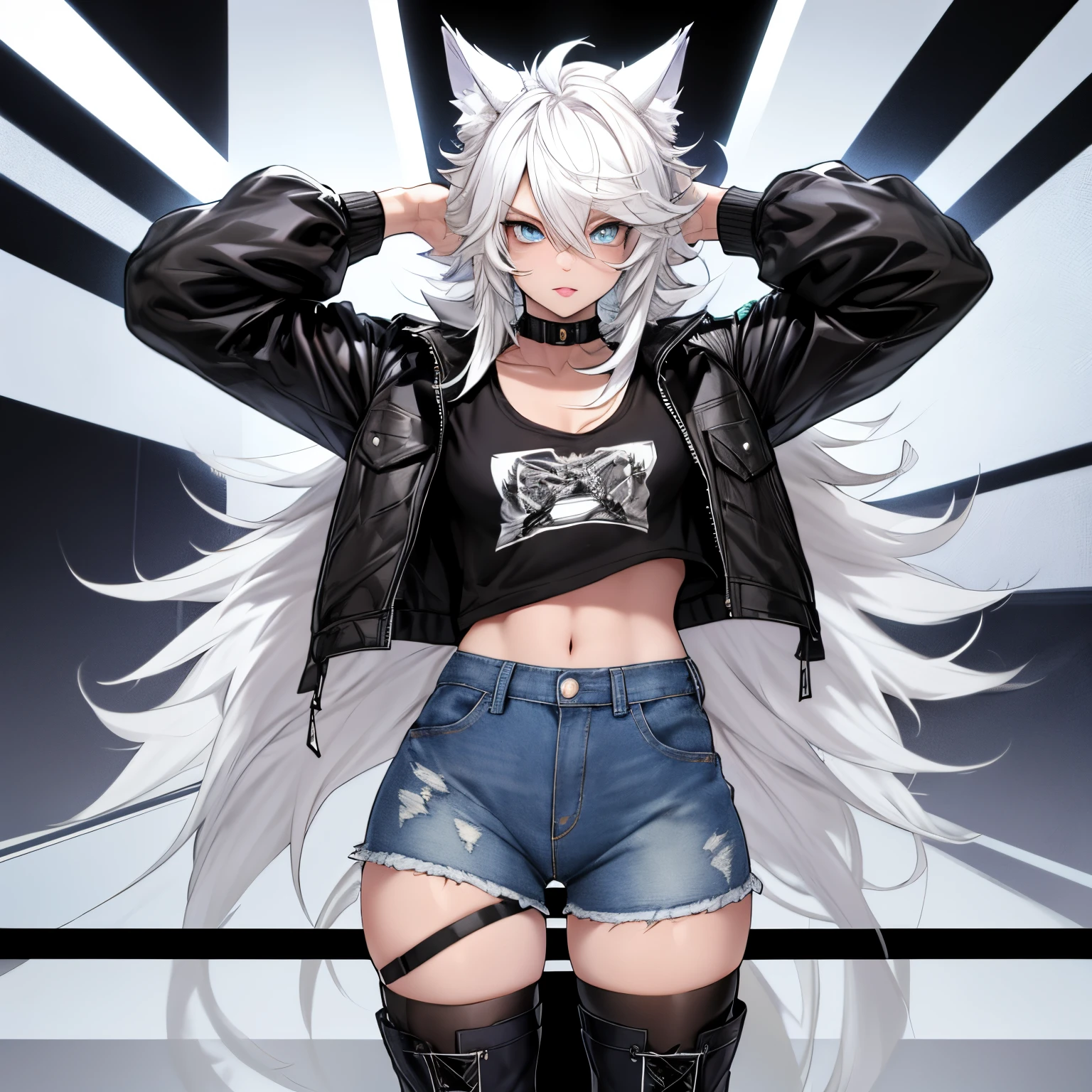 Anime girl with white hair and black jacket posing for a picture - SeaArt AI