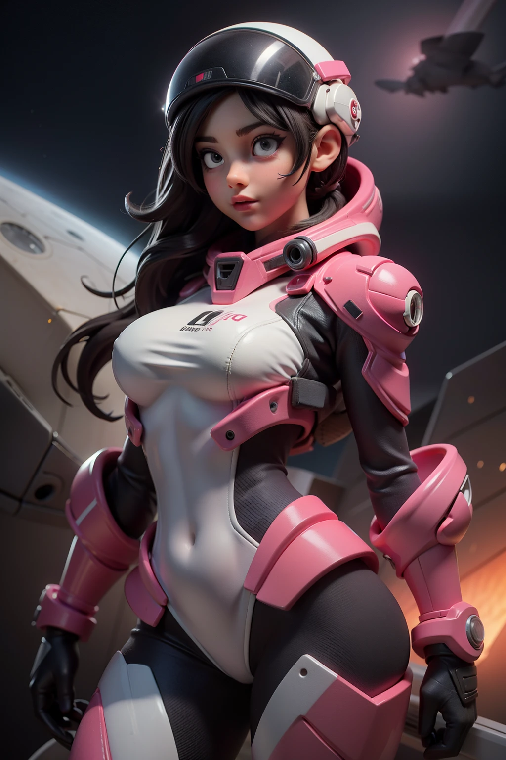 A cute 15-year-old girl wears a sexy pink suit with helmet,(floating on a space background:1.2):1.5,masterpiece, The best quality, (cinematic lighting), good hand,Finely detailed costume, sharp focus,Skinny body,big breasts,sharp face