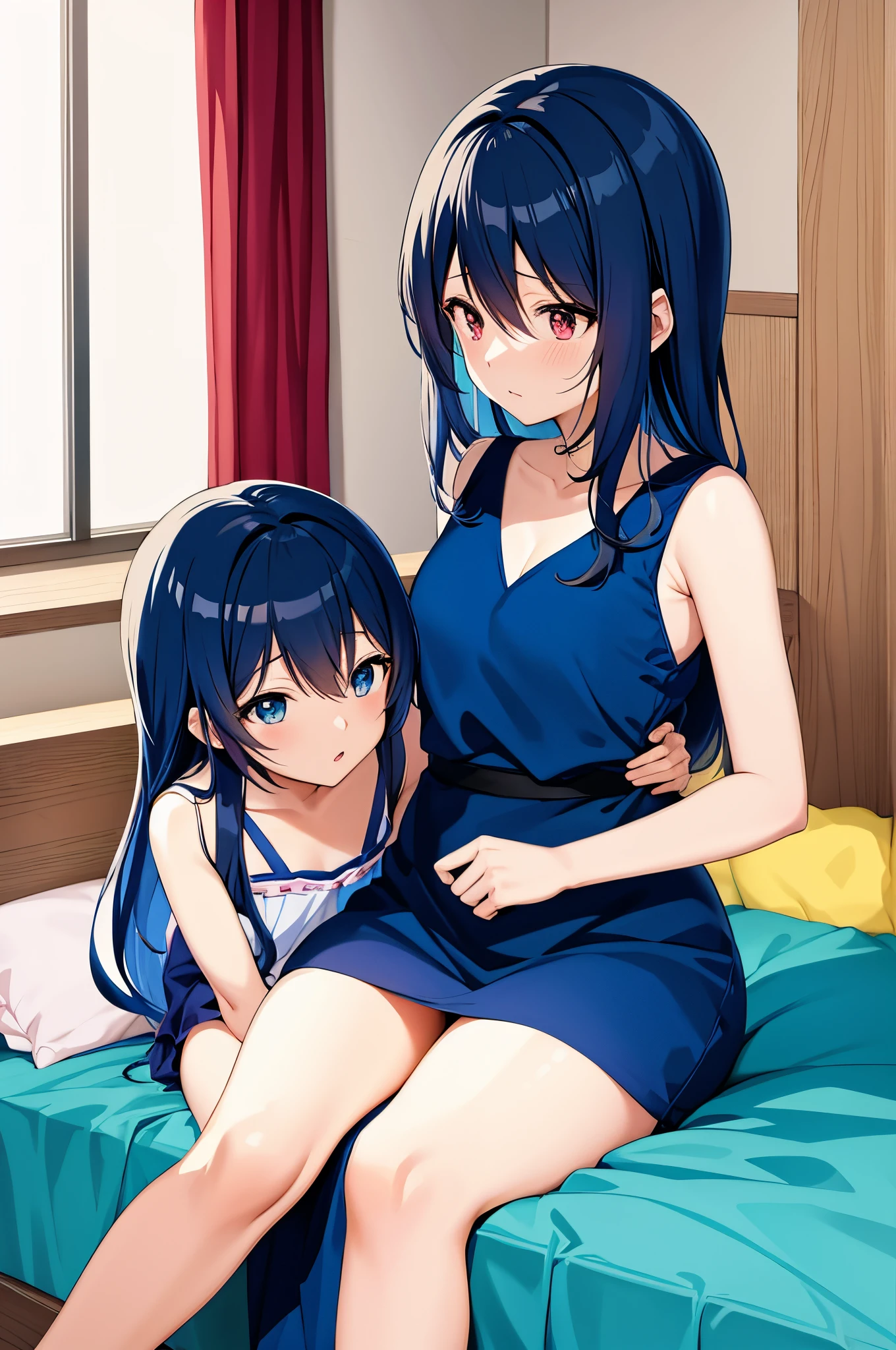 Anime girl sitting on a bed with her arm around another girl - SeaArt AI