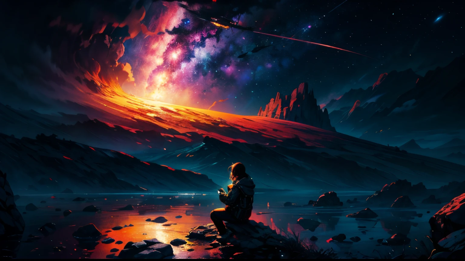 A man sitting on a rock looking at a colorful sky - SeaArt AI