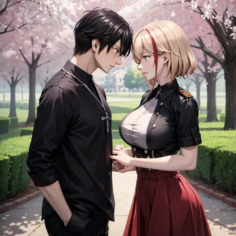 a man in black casual clothes holding the hand of a woman in red casual clothes in a park