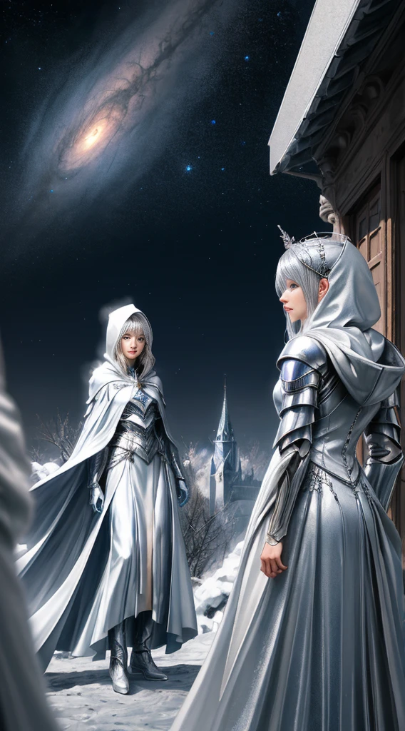 zoomed，Best AI Image Generation Creator，​masterpiece，top-quality，Good anatomy，goddes，long  skirt，kosmos，planetes，silver hooded mage, Dressed in a beautiful silver cloak, Fairytale style,  Feminine, Fantasia, trending，zoomed