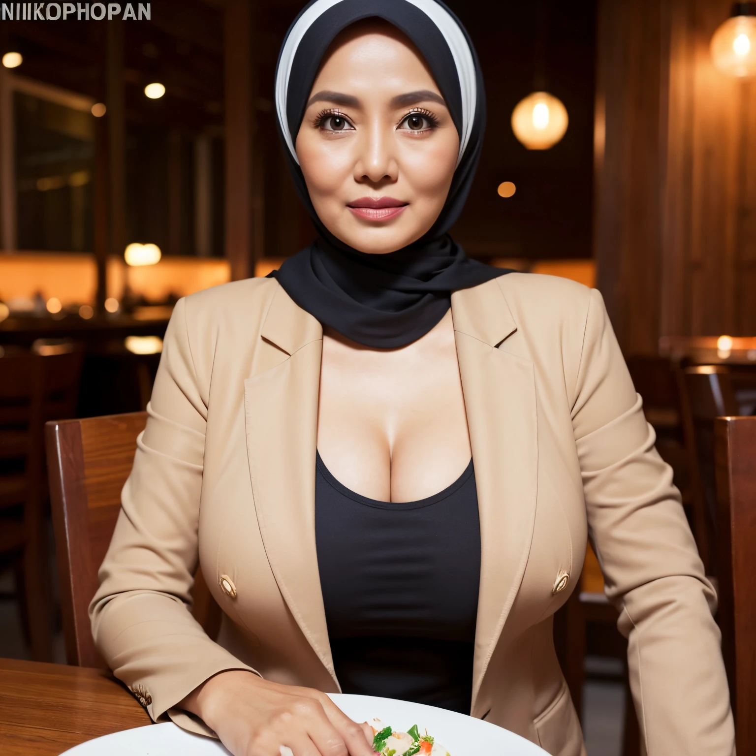 Woman in a black top and a tan jacket sitting at a table with a plate of  food - SeaArt AI