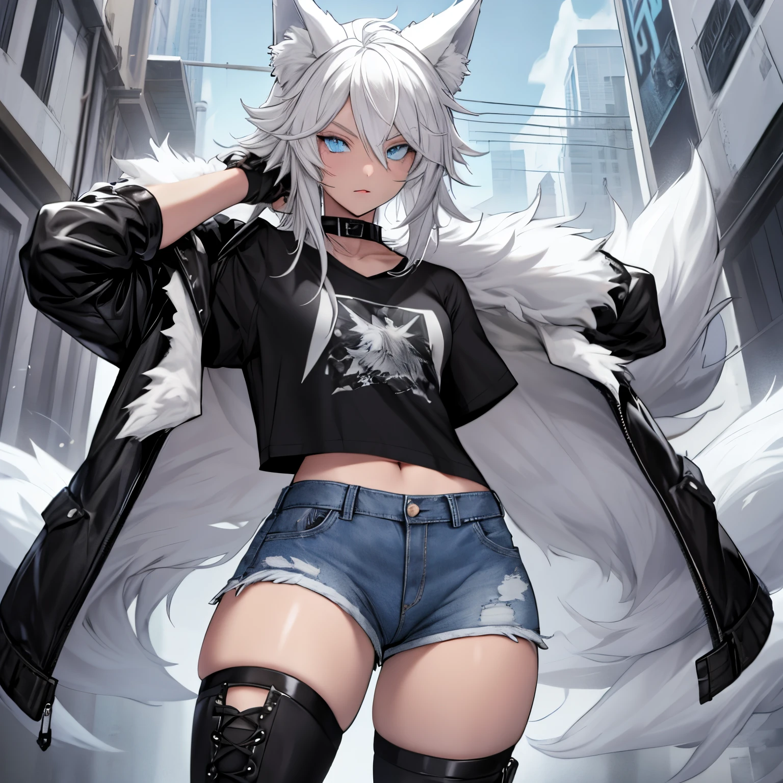 Single boy, Anime Femboy, Short, Long white hair, wolf ears, wolf tail, blue eyes, wearing short denim shorts, thigh high fishnets, black combat boots, wearing fur lined open jacket, flat chest, super flat chest, wearing cropped t-shirt, solo femboy, only one femboy ((FLAT CHEST)) solo, alone, (SOLO)(ALONE) thicc thighs, wide hips, blue eyes, perfect eyes, perfect face, pouty lips, happy