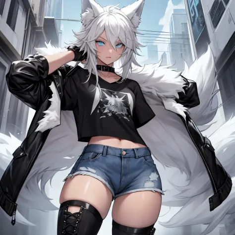 single boy, anime femboy, short, long white hair, wolf ears, wolf tail, blue eyes, wearing short denim shorts, thigh high fishne...