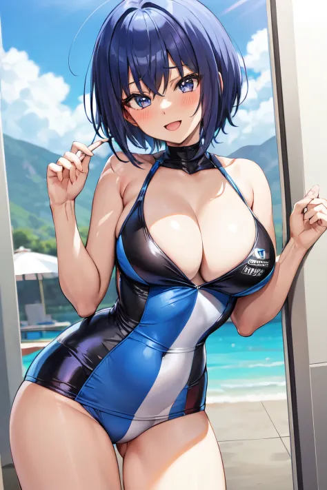 michirutojo, masterpiece, Looking at Viewer,
blue hair, large breasts,

racing suit,
Wink, Smile, Open mouth, blush,