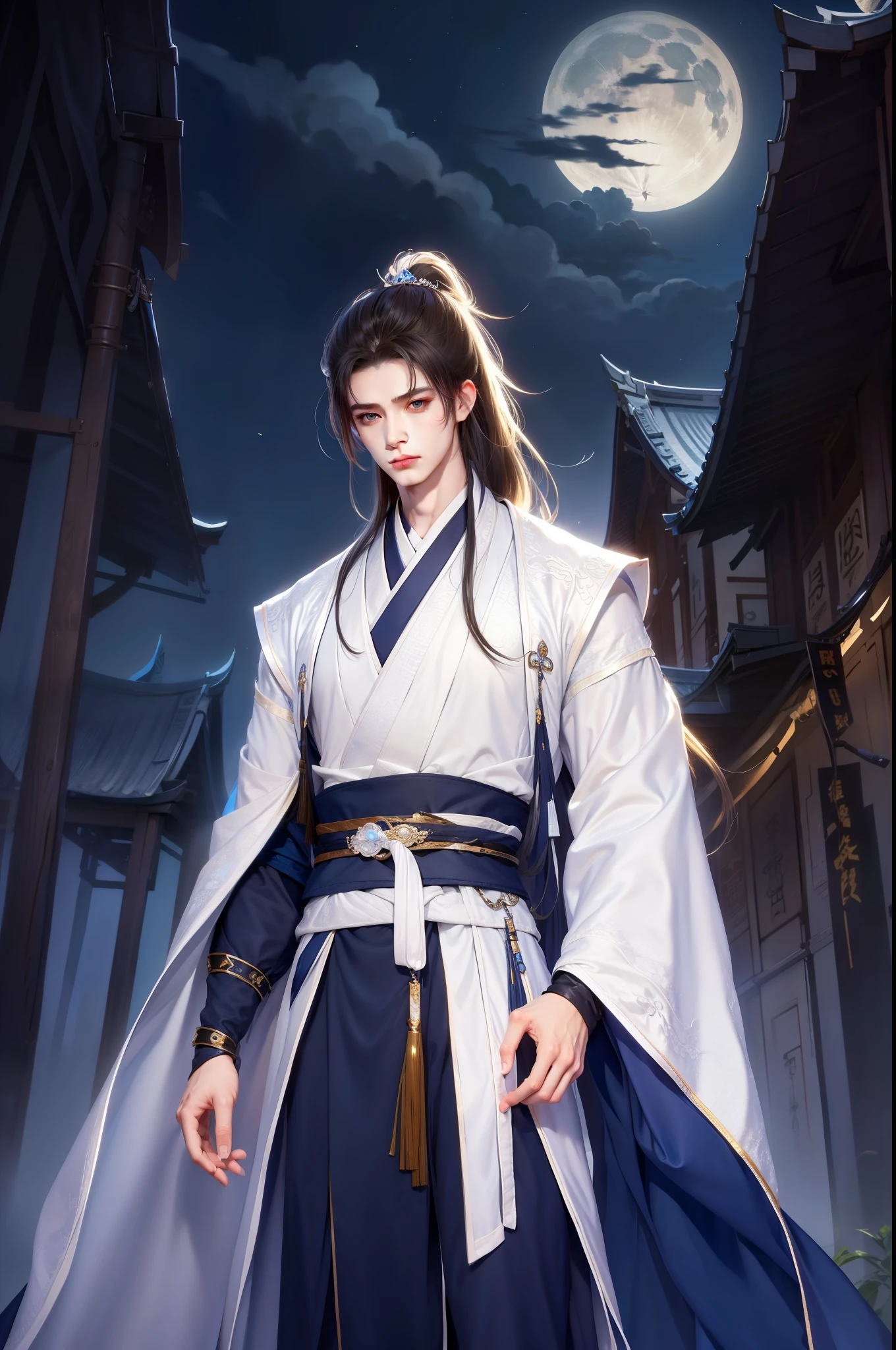 Libido boy, Hanfu, long sword, cabelos preto e longos, eBlue eyes，natta，starrysky，rays of moonlight，Asian architecture，Best quality，16k,tmasterpiece，