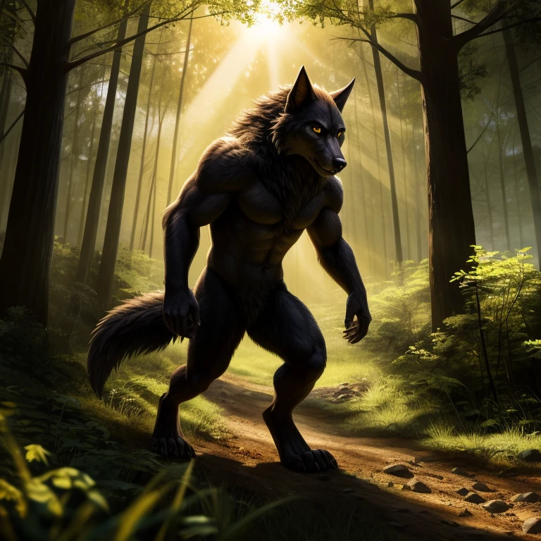 a werewolf in a sunlit forest searching the grass and dirt, highly detailed, 8K, solo, male, full body, stalking pose, nose near the ground, two-tone fur, yellow eyes,