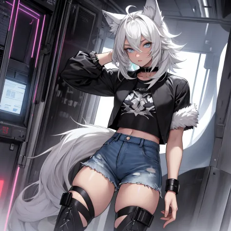 single boy, anime femboy, short, long white hair, wolf ears, wolf tail, blue eyes, wearing short denim shorts, thigh high fishne...