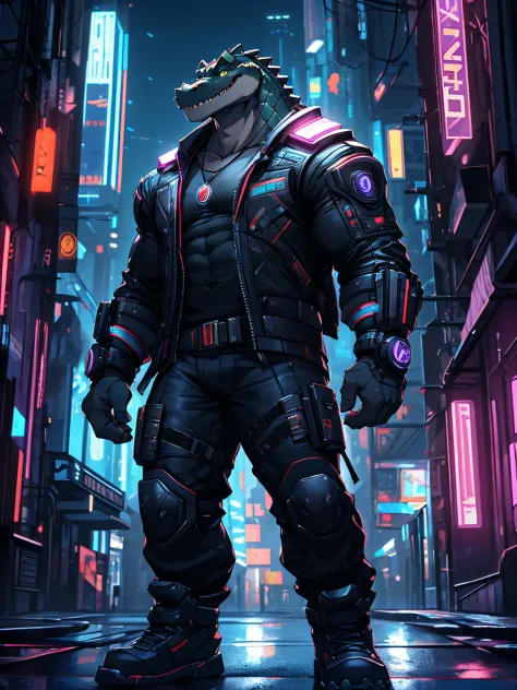 furry,bara,crocodile,masculine,muscular,smile at the corner of your mouth.,handsome face,Cyberpunk style clothing,standing in the future city,at night,High resolution images,Dynamic lighting,Realistic lighting,HDR,10