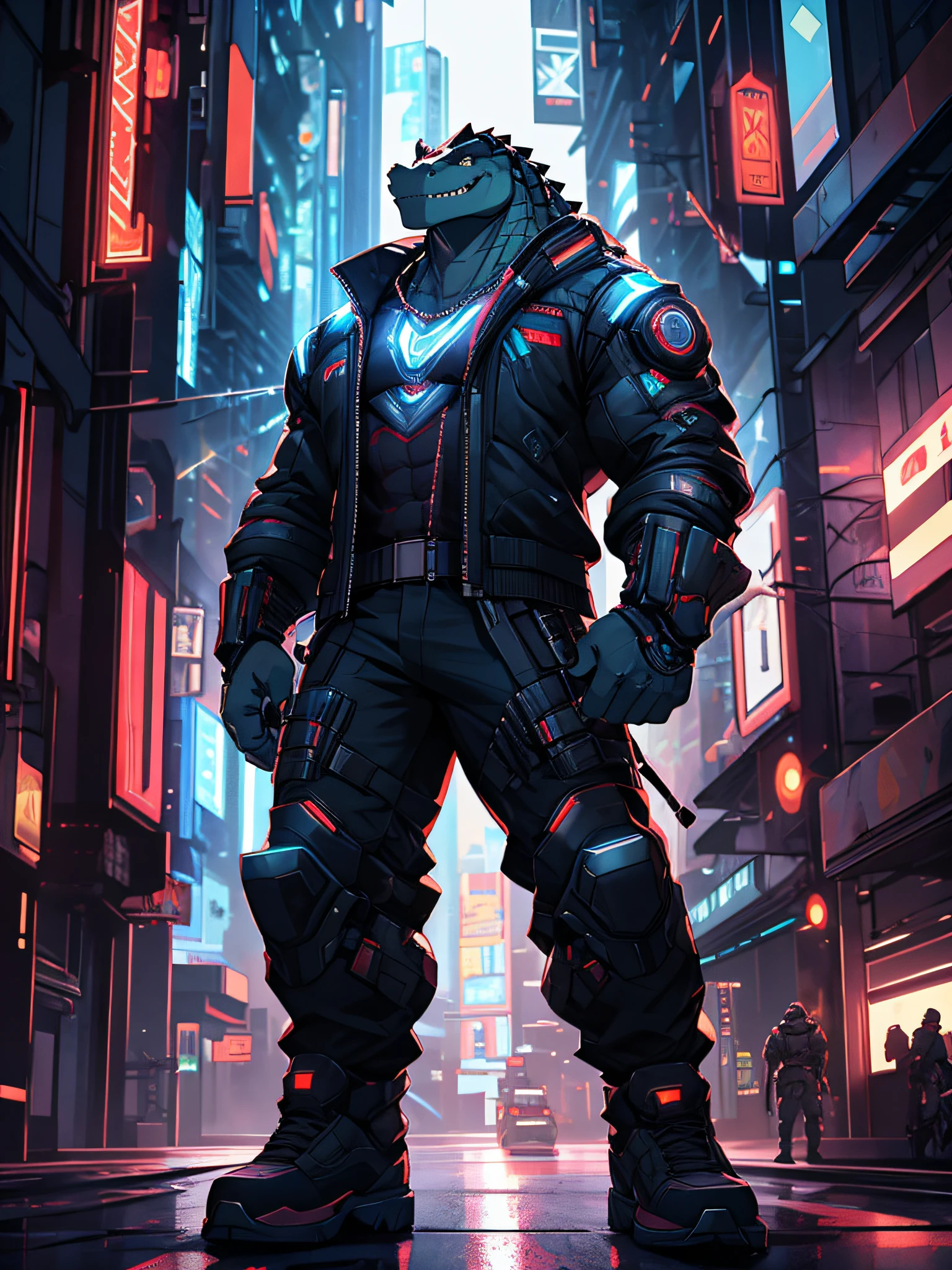 furry,bara,crocodile,masculine,muscular,smile at the corner of your mouth.,handsome face,Cyberpunk style clothing,standing in the future city,at night,High resolution images,Dynamic lighting,Realistic lighting,HDR,10