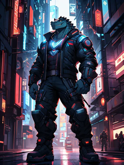 furry,bara,crocodile,masculine,muscular,smile at the corner of your mouth.,handsome face,Cyberpunk style clothing,standing in th...