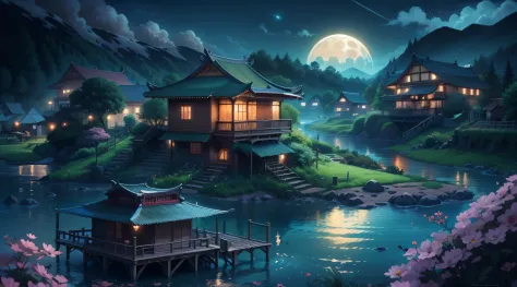 Night view of some Asian houses, vietnam, vietnam, Ha Giang, themoon, lake in foreground, calm evening, green and blue, Digital illustration, 4k highly detailed digital art, nighttime scene, Anime art wallpaper 4k, Anime art wallpaper 4k, 4k detailed digit...