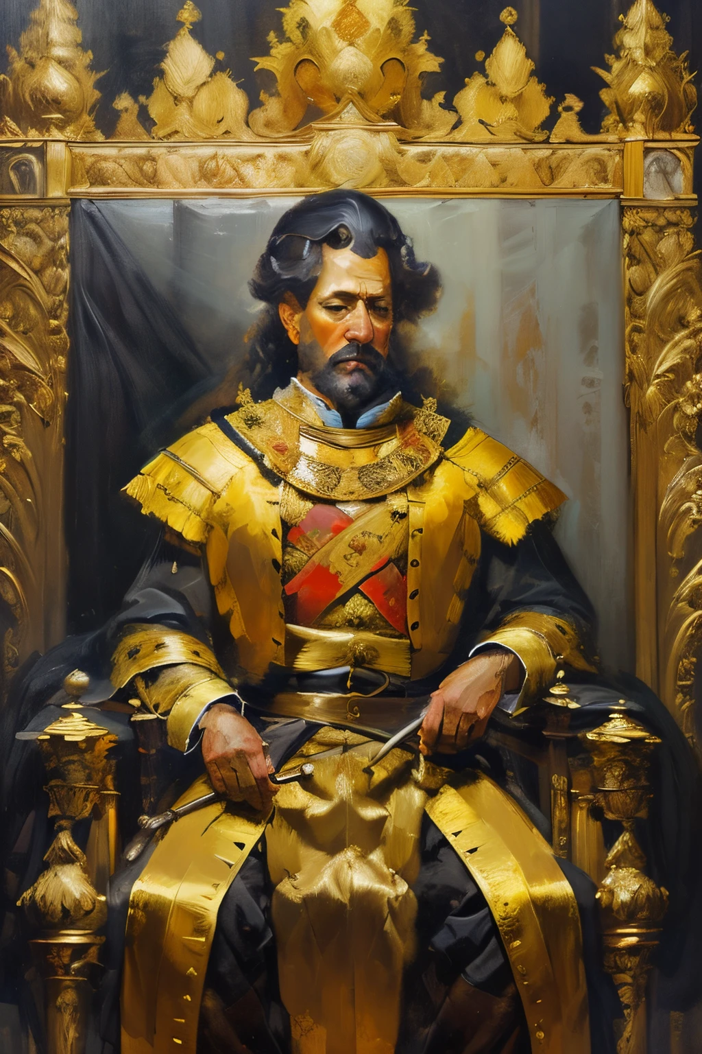 (oil painting,brushstrokes),(18th century),(king sitting on throne),(detailed facial expression),royal attire,regal surroundings,golden crown and scepter,historical setting,soft lighting,rich color palette,luxurious textures,portrait style,classic artistry