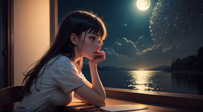 (((masterpiece))), (((best quality))), ((ultra-detailed)) ((moonlight light)) lofi girl watching the fireworks