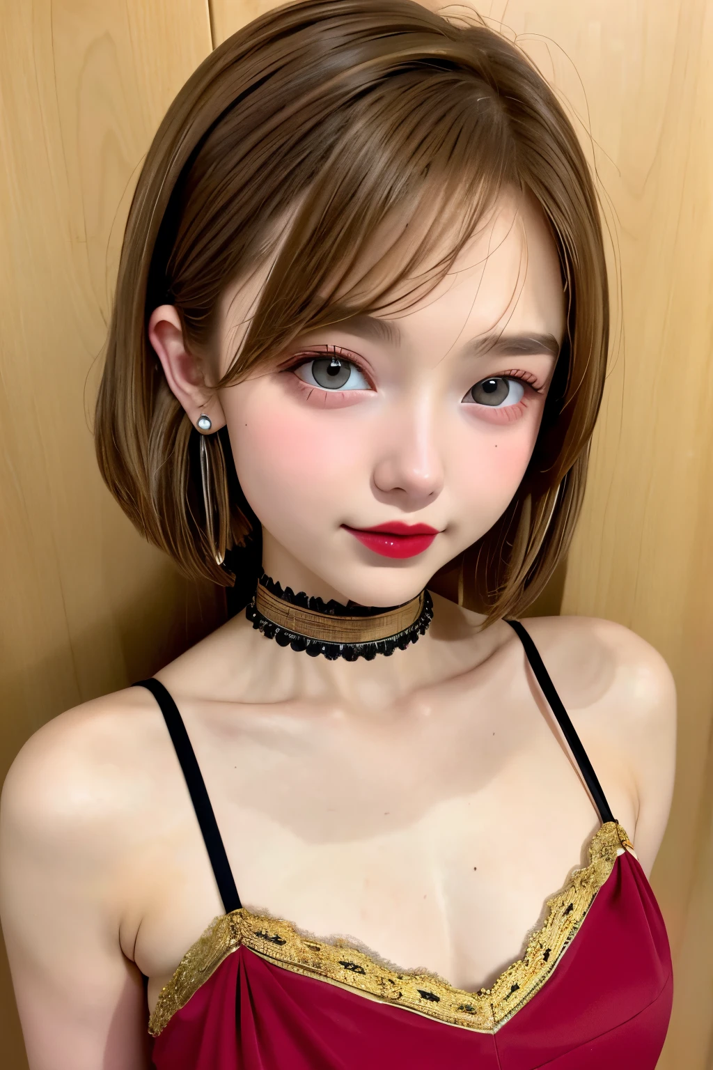 one girls:1.5、Cute baby face、Japanese、14 years old,Brown hair、parfect anatomy、Red Eye Shadow、red lipsticks、slightly pink cheeks、de pele branca、ash blonde、Black Dress、Eight-headed body、、Unique hairstyle、a choker、top-quality、ultra-detailliert、High quality detailing、portlate、masterpies