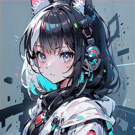 (masutepiece:1.2, Best Quality),  [1 girl in, expressioness, fox ear ,Turquoise eyes, black and Whit hair, half short hair,White jacket,Jacket is taken off, ] (Gray white background:1.2),