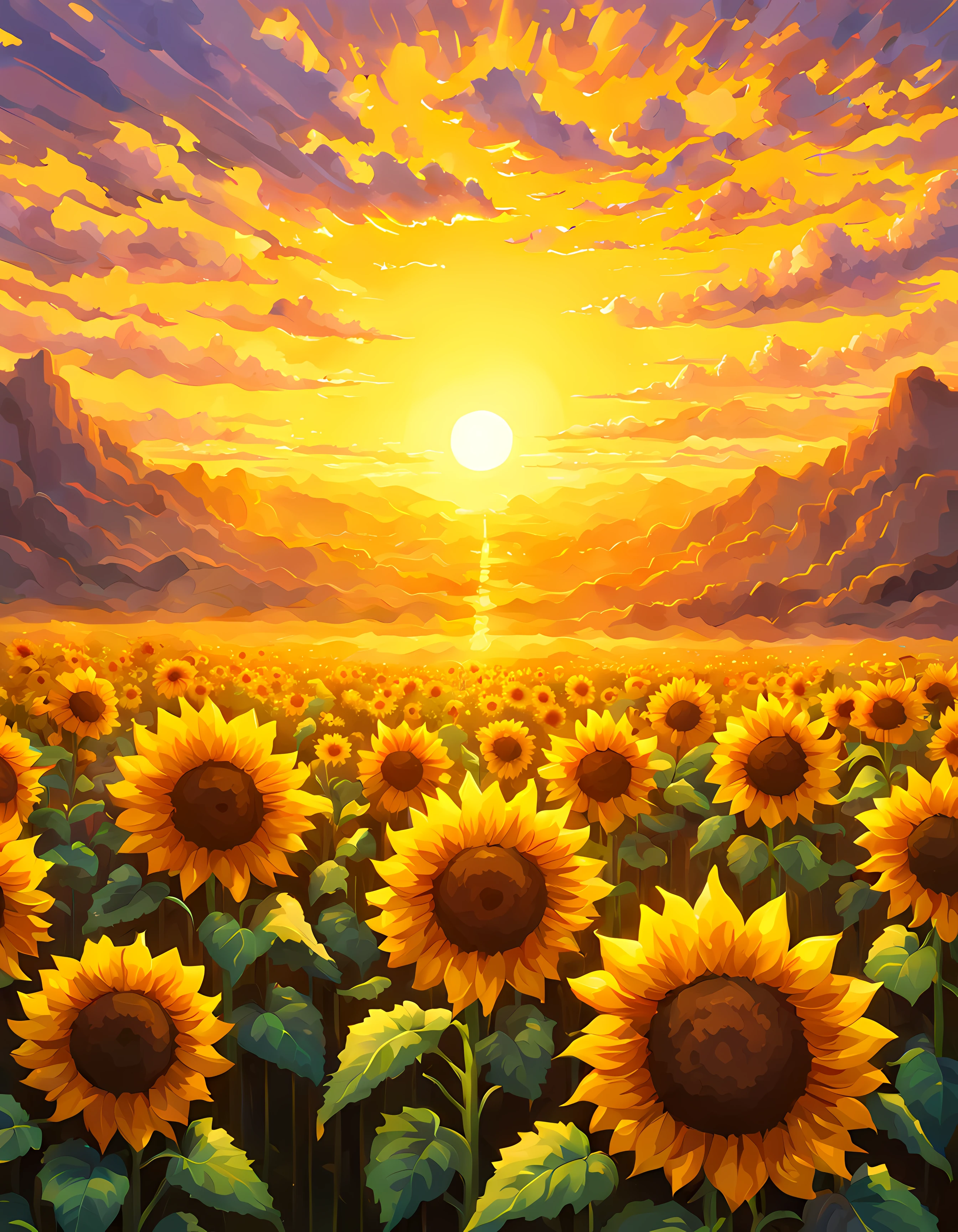(пиксель арт:1.3), (крупный план:1.3), обширное открытое поле, залитое мягкими оттенками захватывающего дух рассвета, в центре этой сцены стоит одинокий подсолнух, его яркие желтые лепестки, освещенные золотыми лучами солнца, прикосновение волшебства наполняет воздух, заставляя подсолнух излучать неземное сияние, впитывая энергию и тепло самого солнца, чувство трепета и удивления, красота и мощь природы, Более детально