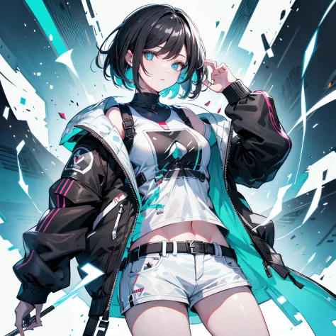 (masutepiece:1.2, Best Quality), [1 girl in, expressioness, Turquoise eyes,jet-black hair, half short hair,White jacket,Jacket is taken off, ] (Gray white background:1.3),