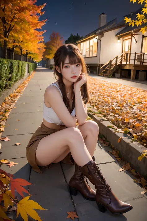 8k分辨率, ultra-high-definition cg images, autumn leaves at night🍁, moonlight, long focus, 1girl in, 20yr old, detailed beautiful f...