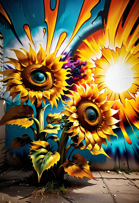Cinematic Angle, Very fine detail, aerosol paint, street graffiti art, Sun, sunflowers, violent explosion stroke background, bright violent swirl, Colorful beauty grunge coating, High quality, stunning colorful rendering, amazing high resolution, hightqual...