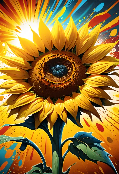 Cinematic Angle, Very fine detail, aerosol paint, street graffiti art, Sun, sunflowers, violent explosion stroke background, bright violent swirl, Colorful beauty grunge coating, High quality, stunning colorful rendering, amazing high resolution, hightqual...