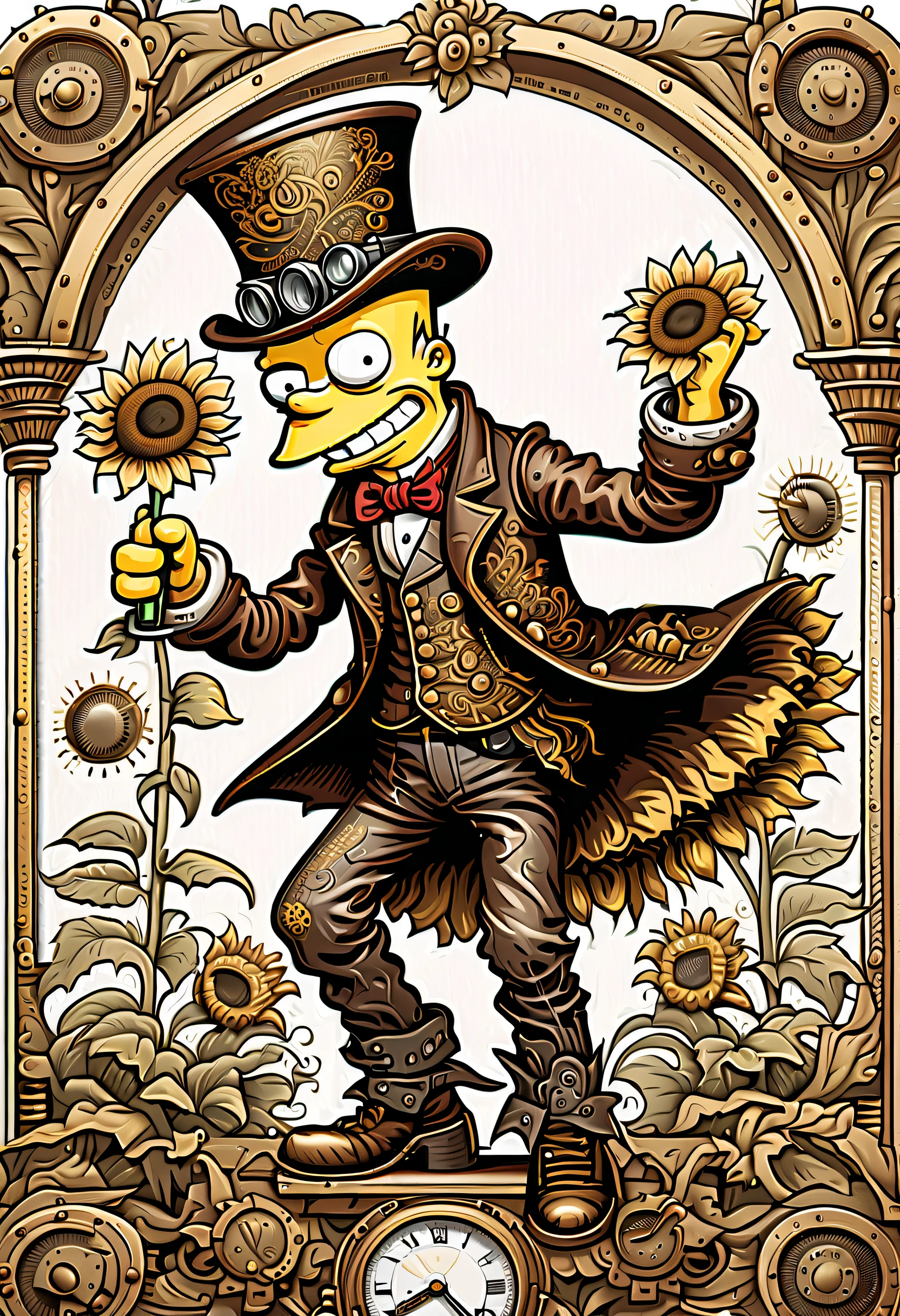 Steampunk-Dance-Sunflower, Illustration of Bart Simpson standing with, complicated amazing manga, (((intricate detailes:1.3))), (((of the highest quality:1.3))), (((High contrast:1.3))), (((very fine delicate details:1.3))), (((express clearly and clearly:1.3))), (((richly colored:1.3))),